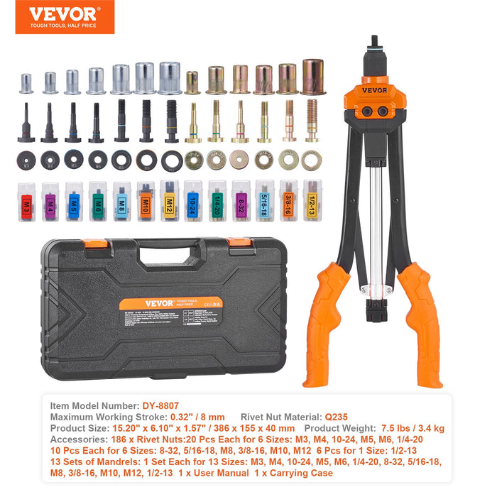 VEVOR Rivet Nut Tool, 16â€?Rivnut Tool Kit with 13PCS Metric and SAE Mandrels, 186PCS Rivet Nuts, M3, M4, 10-24, M5, M6, 1/4-20, 8-32, 5/16-18, M8, 3/8-16, M10, M12, 1/2-13, Semi-auto Retraction