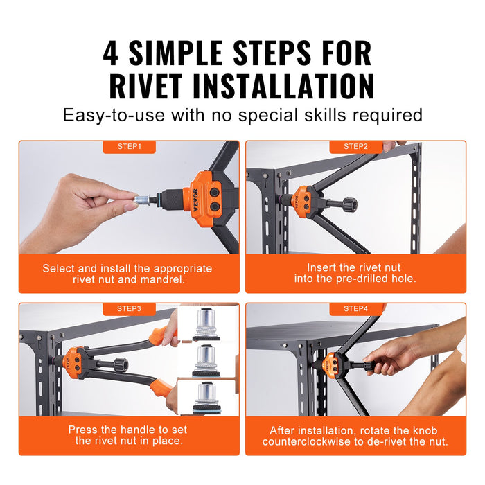 VEVOR Rivet Nut Tool, 16” Rivnut Tool Kit with 13PCS Metric and SAE Mandrels, 186PCS Rivet Nuts, M3, M4, 10-24, M5, M6, 1/4-20, 8-32, 5/16-18, M8, 3/8-16, M10, M12, 1/2-13, With Carrying Case