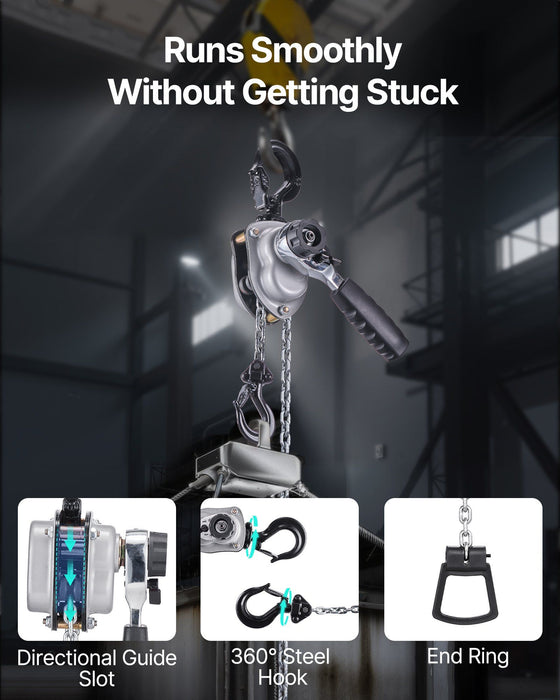 Manual Lever Chain Hoist, 1/4T 250KG Capacity Heavy Duty Come Along, 1.5M Lift G80 Alloy Steel Chain With Dual Pawl Mechanical Brake, 360° Rotating Hooks, for Warehouse Construction Garage