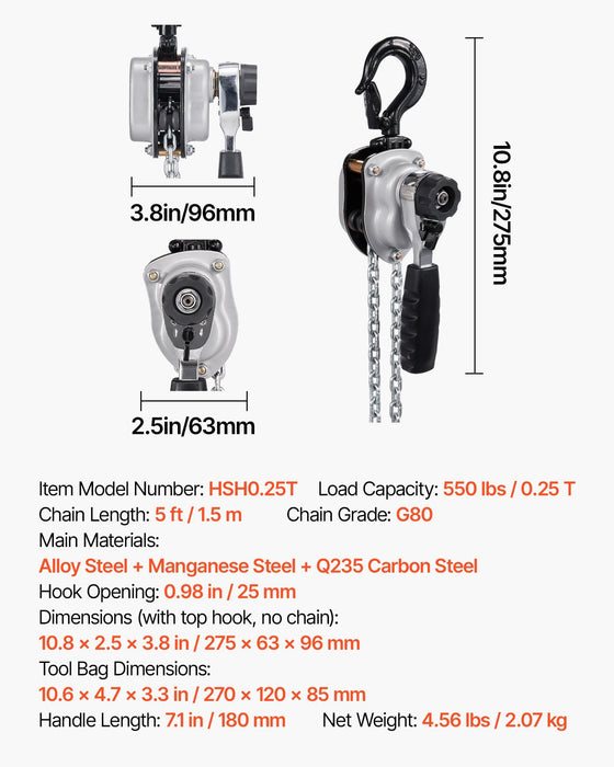 Manual Lever Chain Hoist, 1/4T 250KG Capacity Heavy Duty Come Along, 1.5M Lift G80 Alloy Steel Chain With Dual Pawl Mechanical Brake, 360° Rotating Hooks, for Warehouse Construction Garage