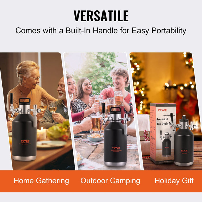 VEVOR Beer Growler Tap System, 4L Mini Keg, 304 Stainless Steel Pressurized Beer Growler, Keg Growler with Pressure Display, CO2 Regulator Faucet, Leak-Proof Ring For Draft, Homebrew, Craft Beer