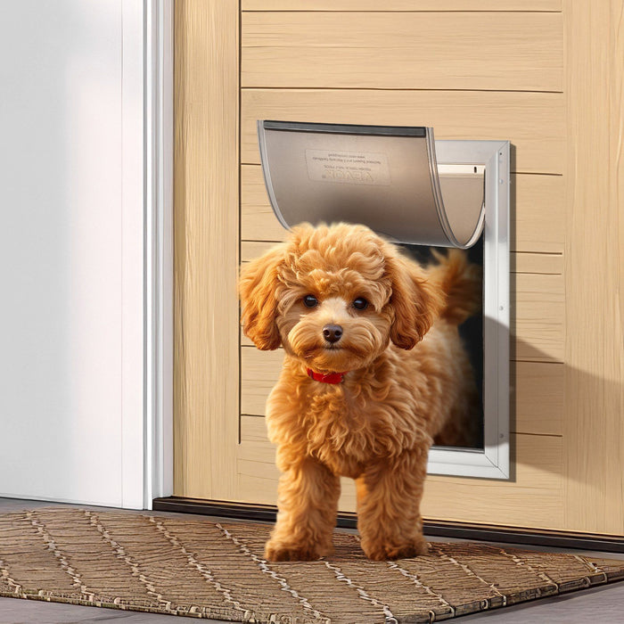 Pet Door, 21 x 30.3 cm Aluminum Frame with Lock and Flap System, Weatherproof Doggy Door, Easy to Install in Interior or Exterior Doors, Pet Door Suitable for Cat Doggie Kitties (White-Small)