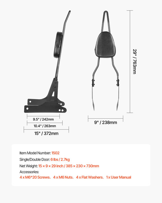 VEVOR Motorcycle Backrest Sissy Bar, Compatible With Harley-Davidson Dyna Street Glide Road Glide Road King, 730mm Height Detachable Passenger Backrest, For Motorcycles, Black