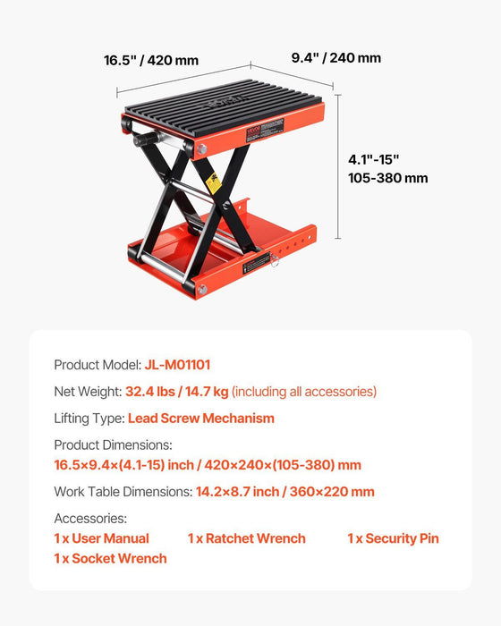 Motorcycle Lift, 1200lbs Weight Capacity, Wide Deck Motorcycle Scissor Jack, 4.1-15 in Height Range, Heavy Duty Steel Bike Repair Center Stand with Ratchet and Crank for ATVs, Dirt Bikes