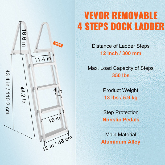 VEVOR Dock Ladder, Removable 4 Steps, 350 lbs Load Capacity, Aluminum Alloy Pontoon Boat Ladder with 4'' Wide Step & Nonslip Mat, Easy to Install for Ship/Lake/Pool/Marine Boarding