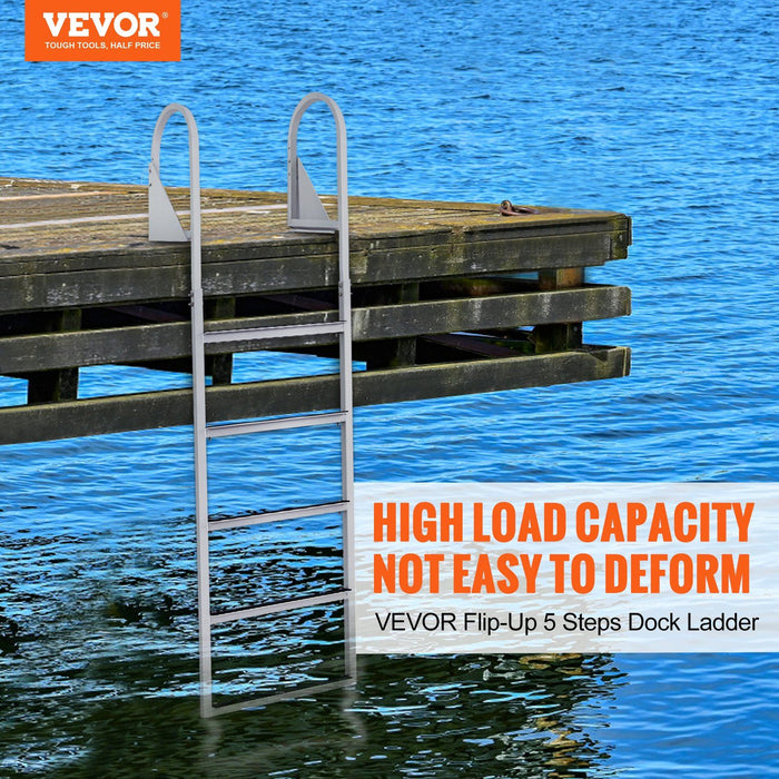 Dock Ladder, Flip-Up 5 Steps, 350 lbs Load Capacity, Aluminum Alloy Pontoon Boat Ladder with 2'' Wide Step & Nonslip Rubber Mat, Easy to Install for Ship/Lake/Pool/Marine Boarding