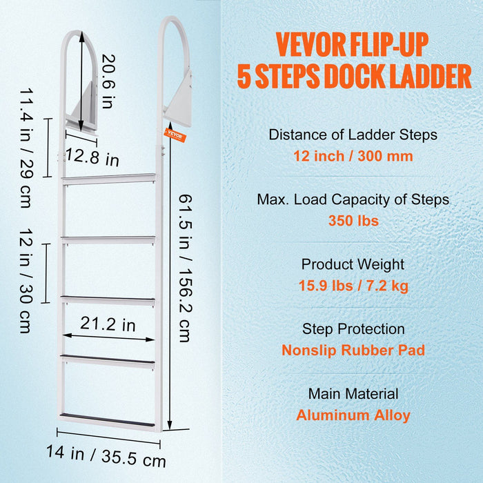 Dock Ladder, Flip-Up 5 Steps, 350 lbs Load Capacity, Aluminum Alloy Pontoon Boat Ladder with 2'' Wide Step & Nonslip Rubber Mat, Easy to Install for Ship/Lake/Pool/Marine Boarding