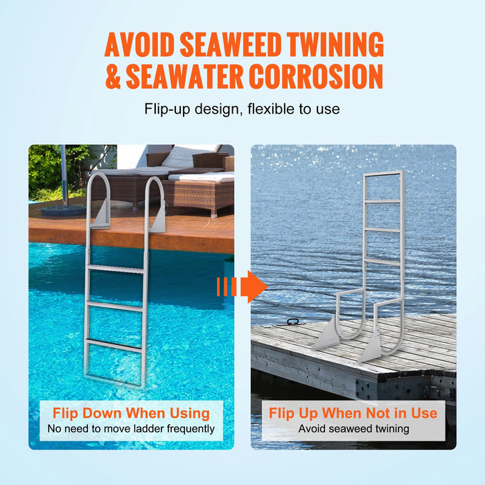 VEVOR Dock Ladder, Flip-Up 4 Steps, 159 kg Load Capacity, Aluminum Alloy Pontoon Boat Ladder with 50.8 mm Wide Step & Nonslip Rubber Mat, Easy to Install for Ship/Lake/Pool/Marine Boarding