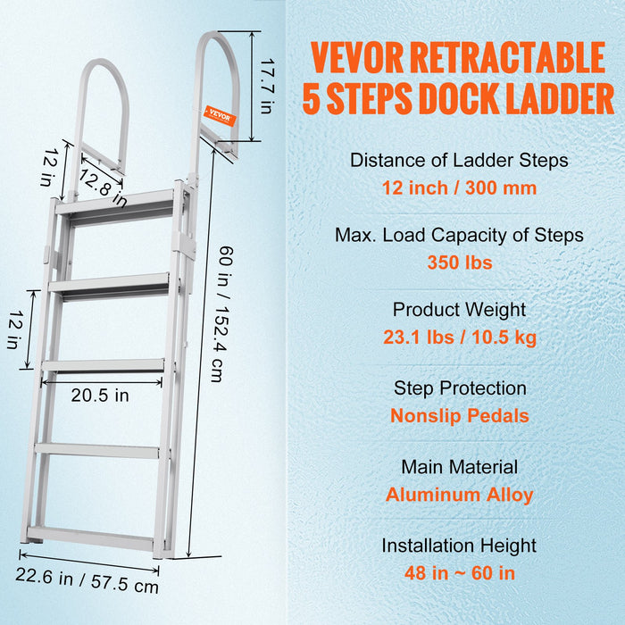 VEVOR Dock Ladder, Retractable 5 Steps, 350 lbs Load Capacity, Aluminum Alloy Pontoon Boat Ladder with 66.9''-78.9'' Adjustable Height, 4'' Wide Step & Mat, for Ship/Lake/Pool/Marine Boarding