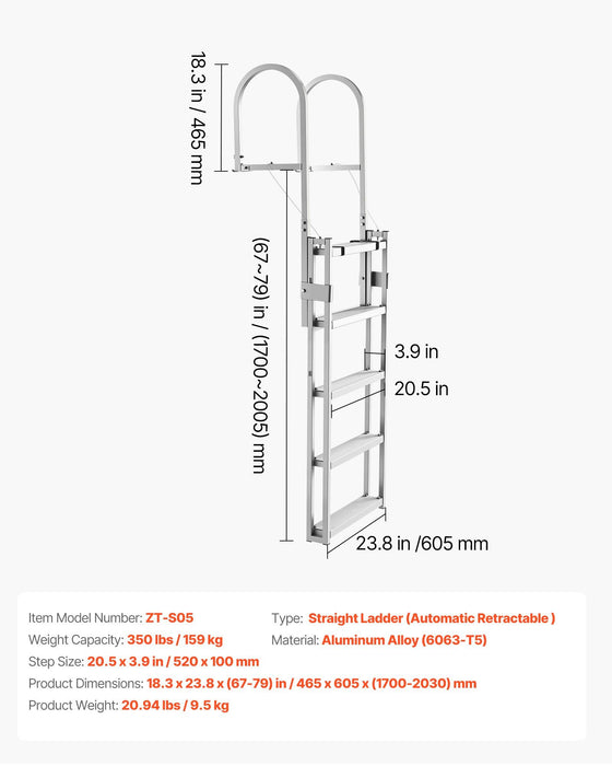 Retractable Dock Ladder, 5 Steps, Aluminum Alloy Pontoon Boat Swim Ladder, with Non-Slip Wide Steps, 159 kg Weight Capacity, Adjustable Height, for Lake Swimming, Pool, Boat, Marine Boarding