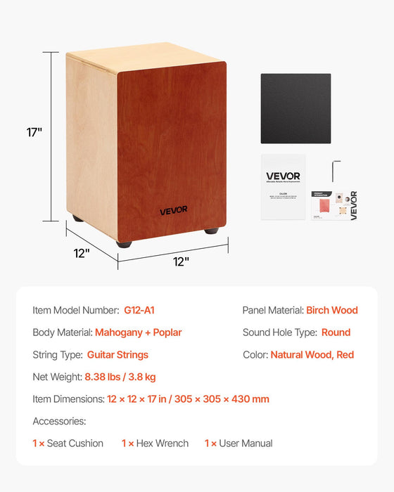 VEVOR Cajon Box Drum, with Internal Guitar Strings, Lightweight Wooden Percussion Box, Portable Birch Wood Drum Musical Instrument with Silicone Feet, for Beginner & Professional, 305 x 305 x 430 mm