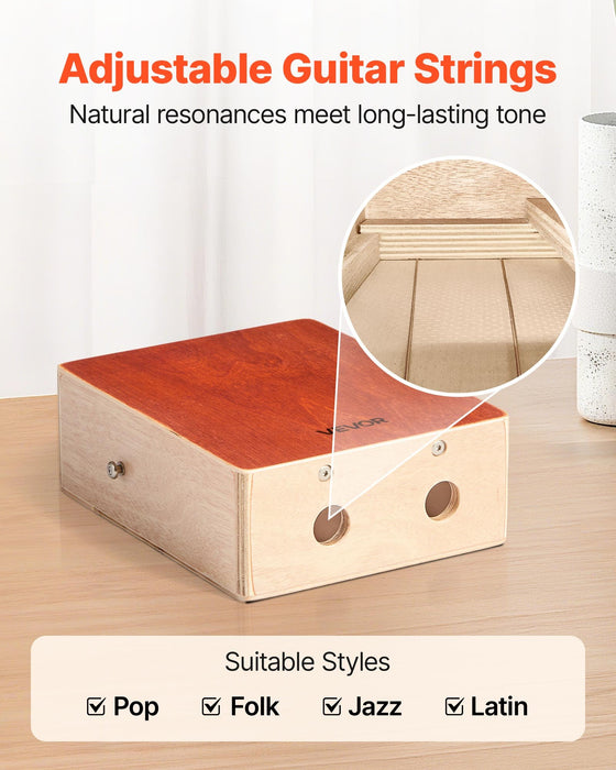 VEVOR Cajon Box Drum, with Internal Guitar Strings, Lightweight Wooden Percussion Box, Portable Birch Wood Drum with Travel Bag, Adjustable Strap, for Beginners and Professionals, 230 x 100 x 280 mm