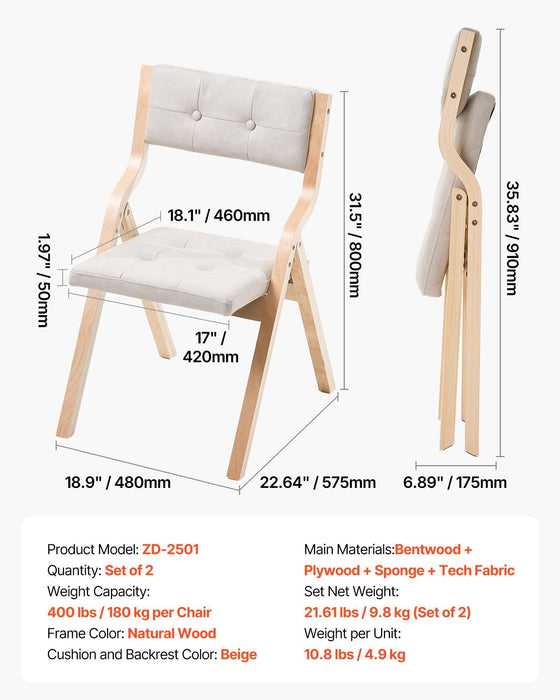 Wooden Folding Chairs with Cushion, Set of 2, Portable Foldable Cushion Chair with Wooden Frame, Modern Padded Dining Chair for Kitchen, Office, Wedding, Party, Dining Room, Easy Assembly, Beige