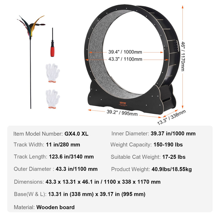 VEVOR Wooden Cat Exercise Wheel, 43.3" Large Cat Treadmill Wheel for Indoor Cats, Cat Running Wheel with Detachable Carpet & Cat Teaser for Running/Walking/Training, Suitable for Most Cats