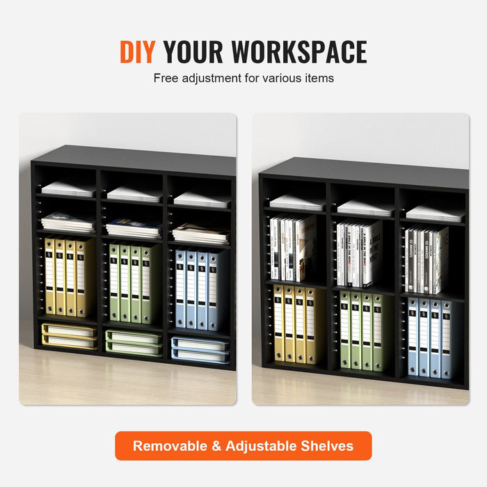 Wood Literature Organizer, 36 Compartments, File Sorter with Removable Shelves, Mailboxes Slot for Office Home Classroom Mailrooms Organization, EPA Certified, Black
