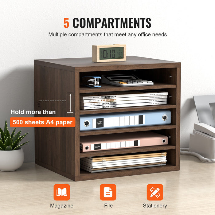 VEVOR Wood Literature Organizer Adjustable File Sorter 5 Compartments Brown