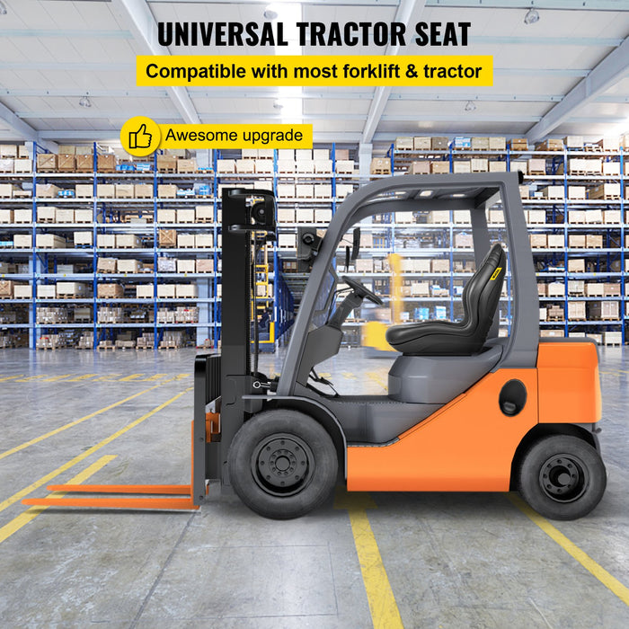 VEVOR Universal Lawn Tractor Seat Replacement, Compact High Back Mower Seat, Black Vinyl Forklift Seat, Central Drain Hole Skid Steer Seat with Mounting Bolt Patterns of 8" x 11.5" & 11.25" x 11.5"