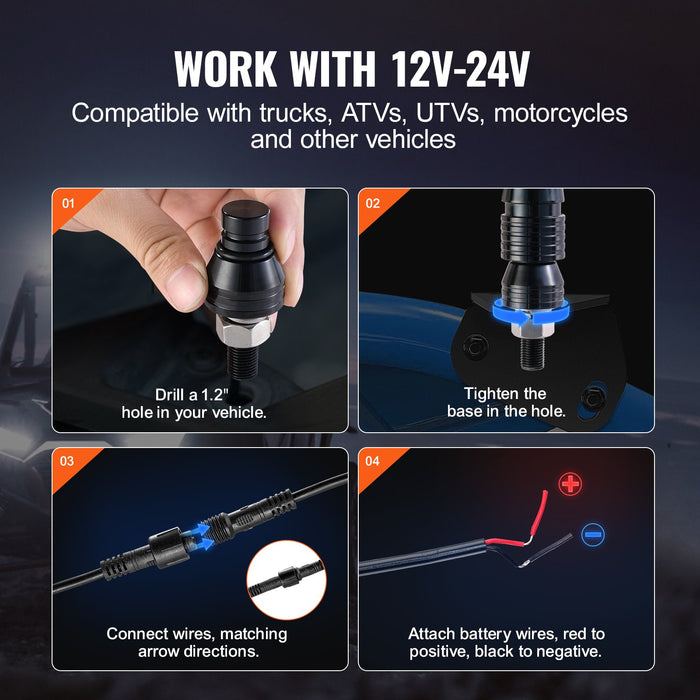 VEVOR 2 PCS 3 FT Whip Light, APP & RF Remote Control Led Whip Light, Waterproof RGB Chasing Lighted Whips with 4 Flags, for UTVs, ATVs, Motorcycles, RZR, Can-am, Trucks, Off-road, Go-karts