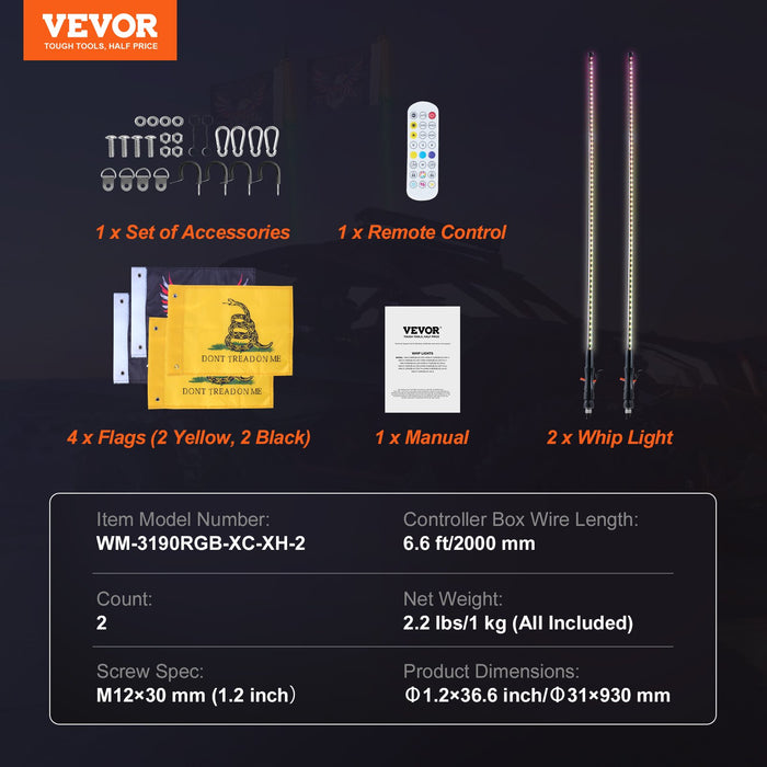 VEVOR 2 PCS 3 FT Whip Light, APP & RF Remote Control Led Whip Light, Waterproof RGB Chasing Lighted Whips with 4 Flags, for UTVs, ATVs, Motorcycles, RZR, Can-am, Trucks, Off-road, Go-karts
