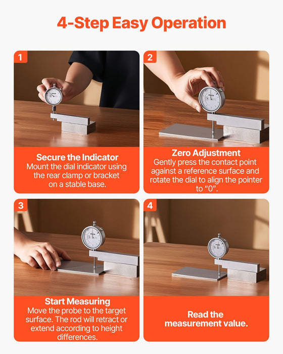Dial Test Indicator with Metal Base, 0.03 mm Accuracy, 0-25.4mm Range, Easy to Read Large Dial, Professional for Narrow Area Measurement, Industrial Machining & Inspection, Precision Testing