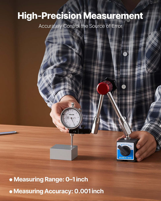 Dial Test Indicator with Magnetic Flexible Base Stand, 0.03 mm Accuracy, 0-25.4mm Range, Fine Adjustable Long Arm, Professional for Machine Set-Up, Narrow Area Measurement, Easy to Read