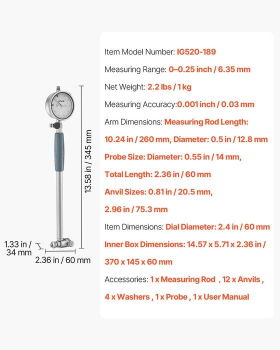 Dial Test Indicator and Bore Gauge Measuring Tool Set, Dial Indicator 0.03 mm Accuracy, 50.8-152.4 mm Bore Range with Rod, Storage Case, Anvils for Industrial Machining Measurements