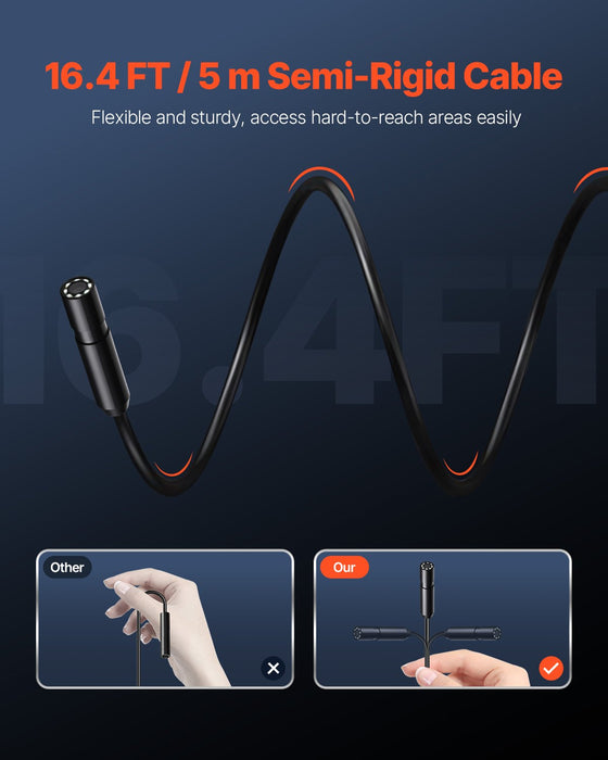 VEVOR Endoscope Camera with Light, 1920P HD Borescope for Android & IOS, 8 LED Lights Inspection Camera with 5m Semi-Rigid Cable, 2X Zoom, IP67 Waterproof Snake Scope Camera for Auto, Plumbing