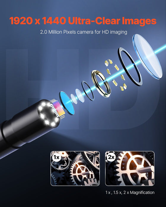 VEVOR Endoscope Camera with Light, 1920P HD Borescope for Android & IOS, 8 LED Lights Inspection Camera with 5m Semi-Rigid Cable, 2X Zoom, IP67 Waterproof Snake Scope Camera for Auto, Plumbing