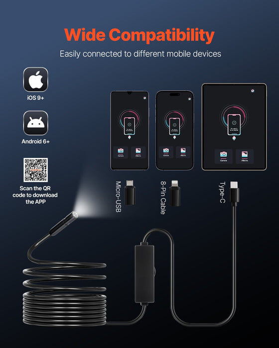 VEVOR Endoscope Camera with Light, 1920P HD Borescope for Android & IOS, 8 LED Lights Inspection Camera with 5m Semi-Rigid Cable, 2X Zoom, IP67 Waterproof Snake Scope Camera for Auto, Plumbing