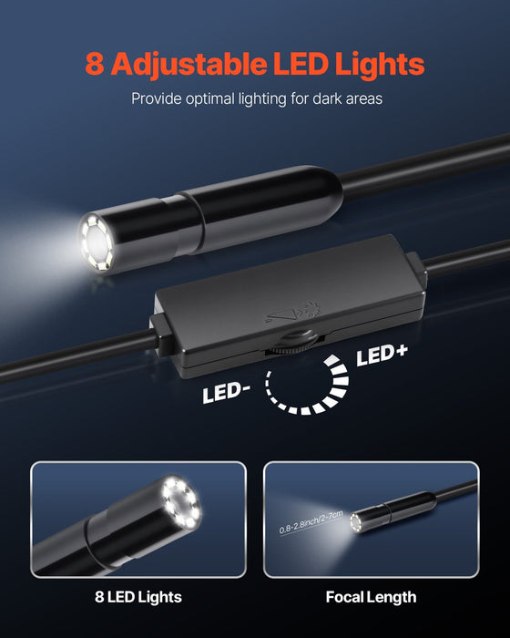 VEVOR Endoscope Camera with Light, 1920P HD Borescope for Android & IOS, 8 LED Lights Inspection Camera with 5m Semi-Rigid Cable, 2X Zoom, IP67 Waterproof Snake Scope Camera for Auto, Plumbing
