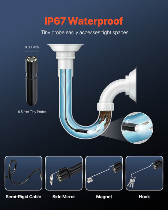 VEVOR Endoscope Camera with Light, 1920P HD Borescope for Android & IOS, 8 LED Lights Inspection Camera with 5m Semi-Rigid Cable, 2X Zoom, IP67 Waterproof Snake Scope Camera for Auto, Plumbing