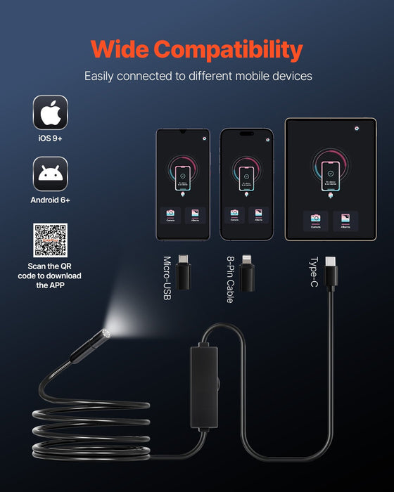 VEVOR Endoscope Camera with Light, 1920P HD Borescope for Android & IOS, 8 LED Lights Inspection Camera with 3m Semi-Rigid Cable, 2X Zoom, IP67 Waterproof Snake Scope Cameras for Auto, Plumbing