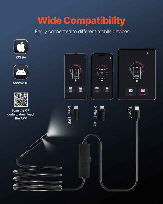 Endoscope Camera with Light, Dual Lens Borescope for Android & IOS, 1920P HD Inspection Camera with 8 + 1 LED Lights, 2X Zoom, 3m Snake Cable, IP67 Waterproof Snake Camera for Auto, Plumbing