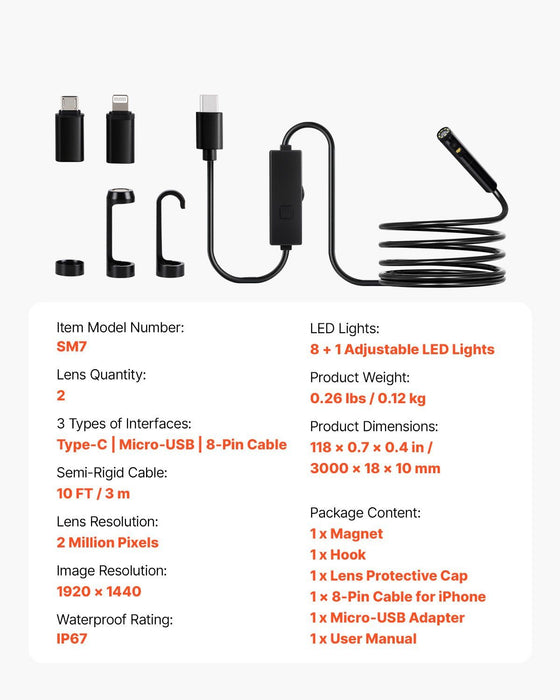 Endoscope Camera with Light, Dual Lens Borescope for Android & IOS, 1920P HD Inspection Camera with 8 + 1 LED Lights, 2X Zoom, 3m Snake Cable, IP67 Waterproof Snake Camera for Auto, Plumbing