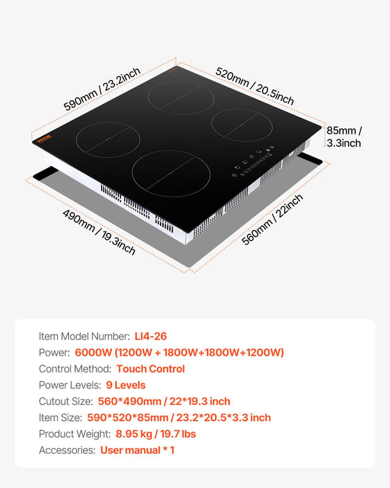 VEVOR 6000W 4 Burner Induction Cooktop Electric Countertop Burner Touch Control