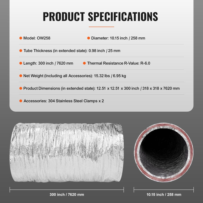 Dryer Vent Hose, 254MM Insulated Flexible Duct 7.62M Long with 2 Duct Clamps, Heavy-Duty Three Layer Protection for HVAC Heating Cooling Ventilation and Exhaust, R-6.0 Flame Resistance Value