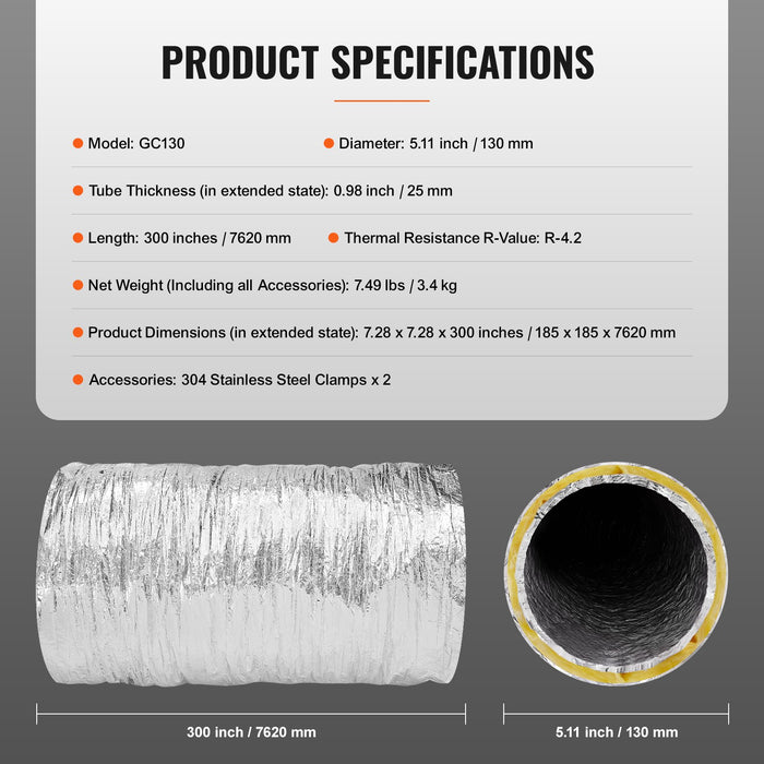 VEVOR Dryer Vent Hose, 127MM Insulated Flexible Duct 7.62M Long with 2 Duct Clamps, Heavy-Duty Three Layer Protection for HVAC Heating Cooling Ventilation and Exhaust, R-4.2 Flame Resistance Value