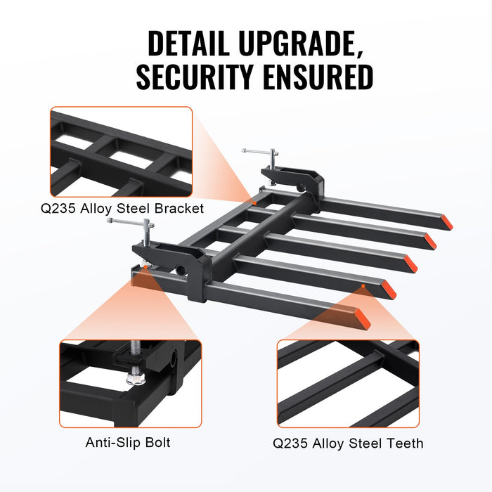 VEVOR Clamp on Debris Forks to 1200 mm Bucket, 1200 kg Capacity Heavy Duty Clamp on Pallet Forks Attachments, Fit for Loader Bucket Skidsteer Tractor to Clean up Fallen Limbs Debris or Yard Wwaste