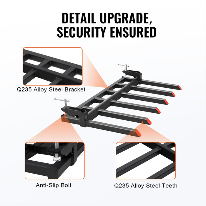 VEVOR Clamp on Debris Forks to 1500 mm Bucket, 2000 kg Capacity Heavy Duty Clamp on Pallet Forks Bucket, Fit for Loader Bucket Skidsteer Tractor to Clean up Fallen Limbs Debris or Yard Wwaste