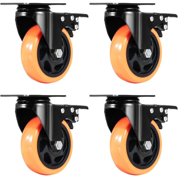 VEVOR Caster Wheels, 101.6 mm Swivel Plate Casters, Set of 4, with Security A/B Locking No Noise PVC Wheels, Heavy Duty 159 kg Load Capacity Per Caster, Non-Marking Wheels for Cart Furniture Workbench