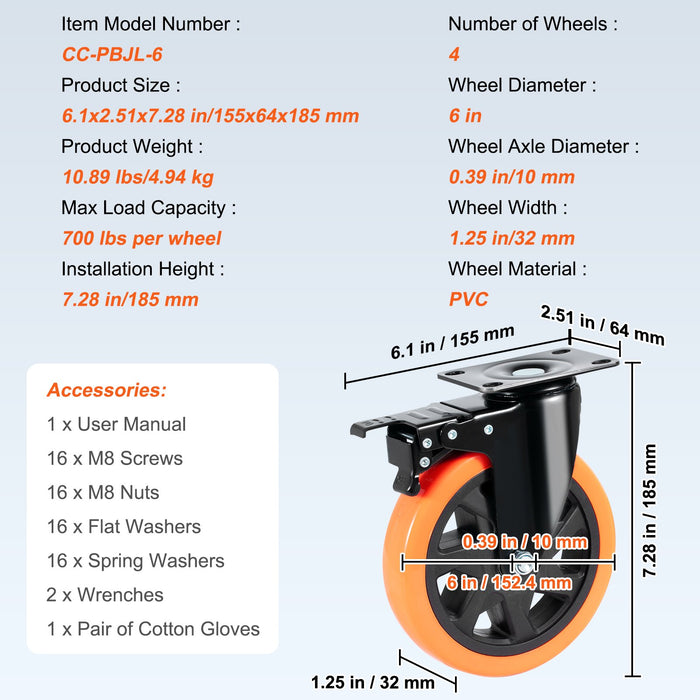 VEVOR Caster Wheels, 152.4 mm Swivel Plate Casters, Set of 4, with Security A/B Locking No Noise PVC Wheels, Heavy Duty 318 kg Load Capacity Per Caster, Non-Marking Wheels for Cart Furniture Workbench