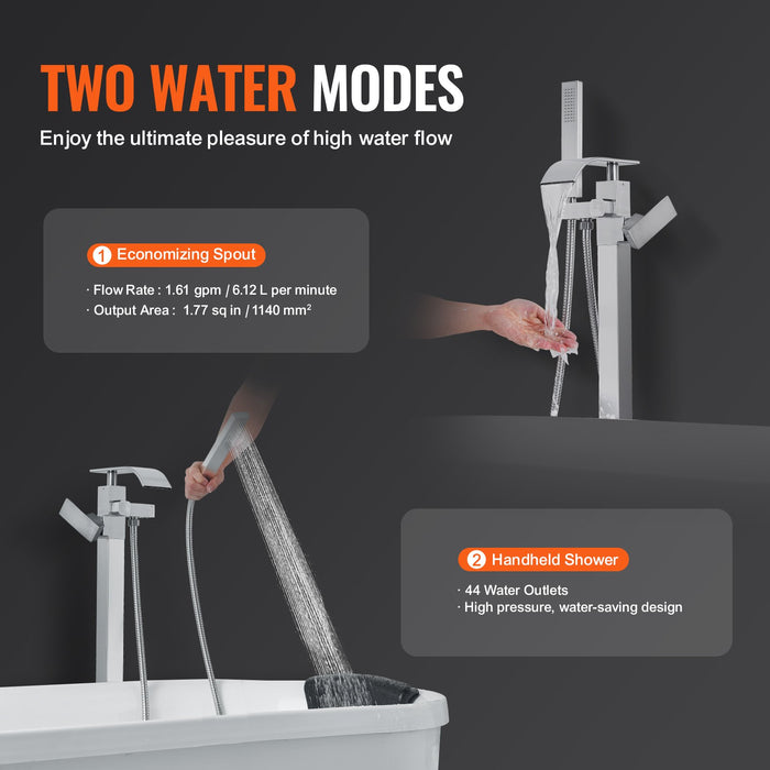 VEVOR Freestanding Bathtub Faucet, Floor Mount, Freestanding Tub Filler, Shower Mixer Taps, Two Water Modes, Swivel Spout, for Bathing & Showering Pet Bathing Cleaning Drains Toilet Flushing