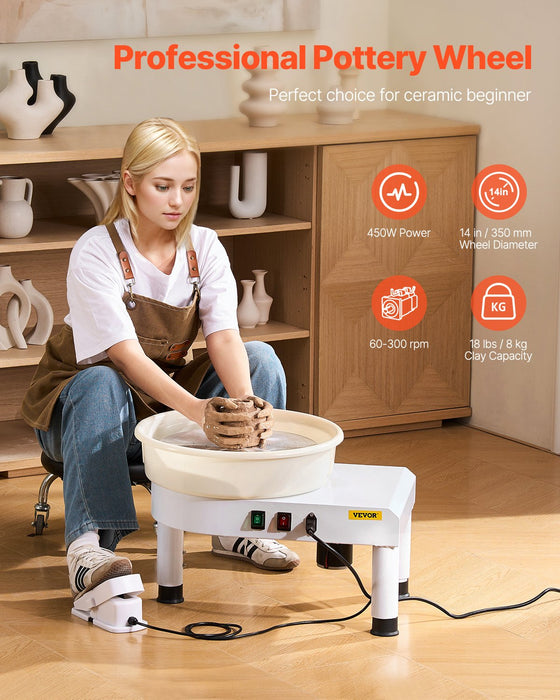 VEVOR Pottery Wheel, 35 cm Ceramic Wheel Forming Machine, 60-300 RPM Speed Adjustable Foot Pedal, Adjustable Lift Leg, Detachable Basin, Complete Tool Accessory Kit for Work Art Craft DIY, White