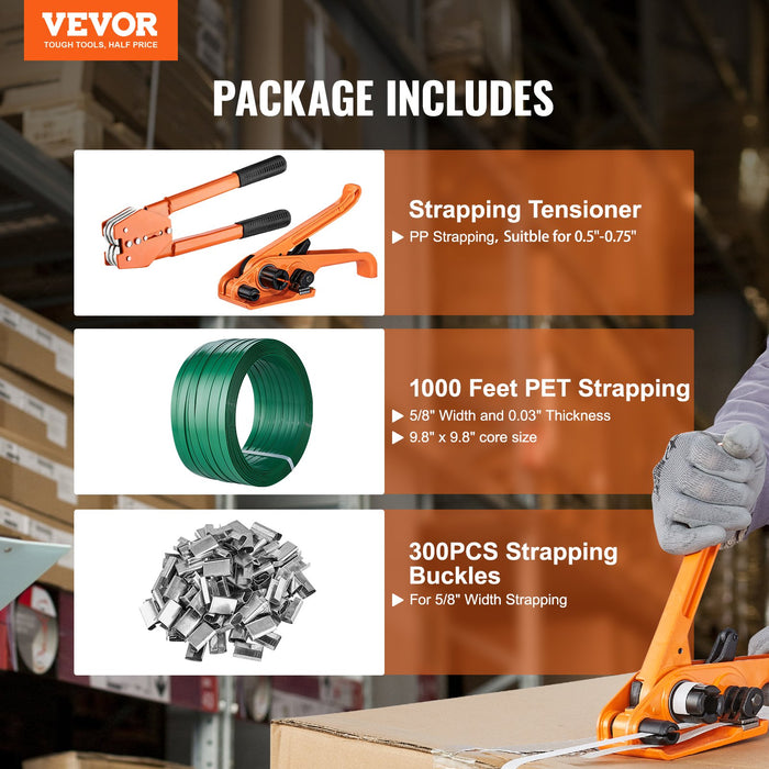 VEVOR Banding Strapping Kit with Strapping Tensioner Tool, Banding Sealer Tool, 300 m Length PET Band, 300 Metal Seals, Pallet Packaging Strapping Banding Kit Banding Packaging Strapping for Packing