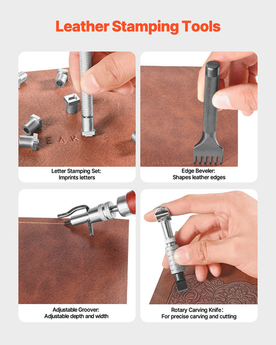 VEVOR Leather Working Tools Kit, 61 PCS Leather Craft Tools with Portable Canvas Storage Bag, Engraving Punching Sewing Stamping Sanding Tools, Ideal for Beginners DIY Enthusiasts and Professionals