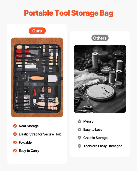 Leather Working Tools Kit, 59 PCS Leather Craft Tools with Portable Canvas Storage Bag, Engraving Punching Sewing Stamping Sanding Tools, Ideal for Beginners DIY Enthusiasts and Professionals