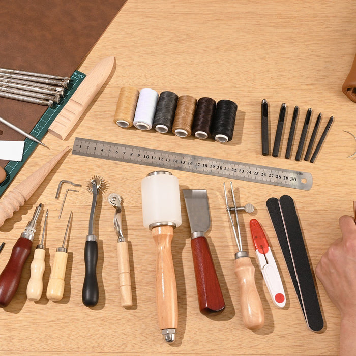 Leather Working Tools Kit, 59 PCS Leather Craft Tools with Portable Canvas Storage Bag, Engraving Punching Sewing Stamping Sanding Tools, Ideal for Beginners DIY Enthusiasts and Professionals