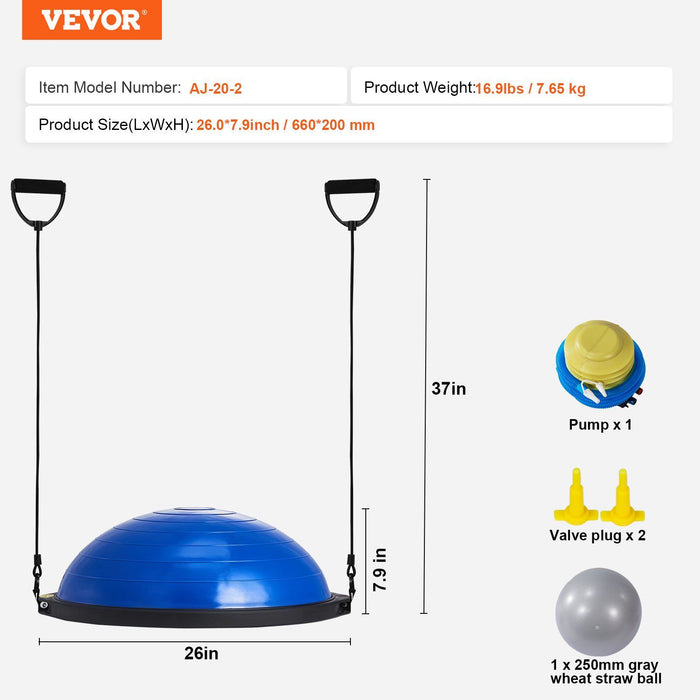 Half Exercise Ball Trainer, 26 inch Balance Ball Trainer, 1500lbs Capacity Stability Ball, Yoga Ball with Resistance Bands & Foot Pump, Strength Fitness Ball for Home Gym Full Body Workout, Blue