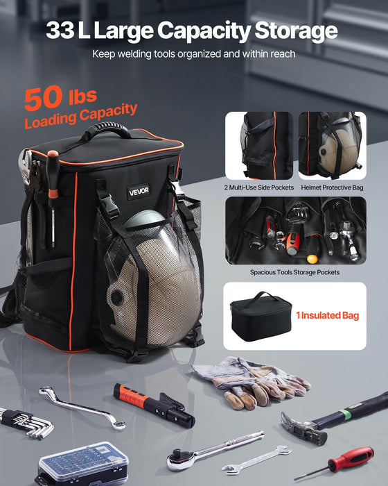 VEVOR 33L Welding Backpack 600D Polyester Welder Backpack for Tools and Helmet
