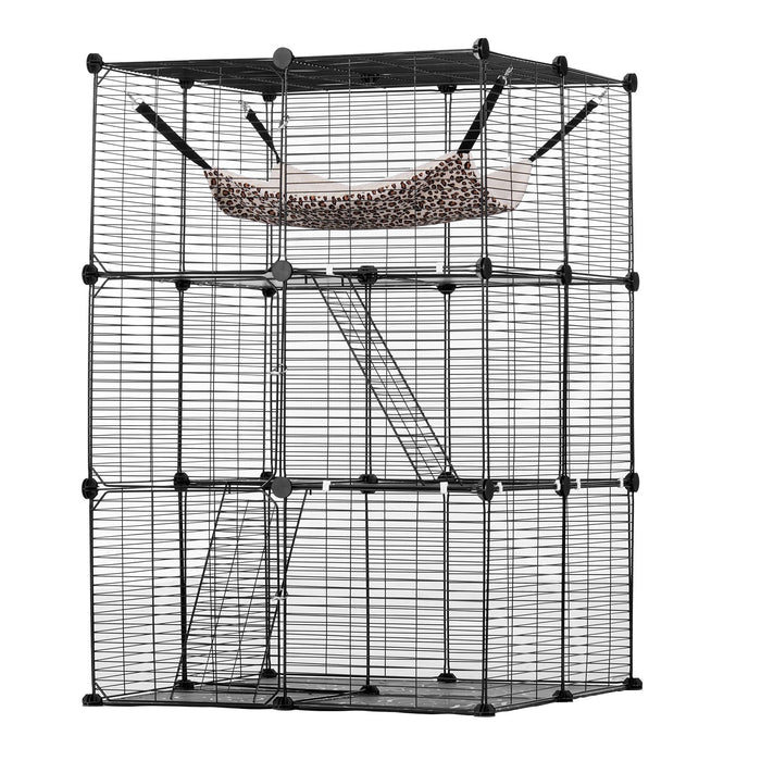 VEVOR Large 3-tier Cat Cage, 28 x 28 x 41", DIY Detachable Metal Wire Durable Cat Enclosure, with Large Hammock 2 Ramp Ladders, Fit for Cats Exercise Indoor ＆ Outdoor, Ease of Assembly, Black